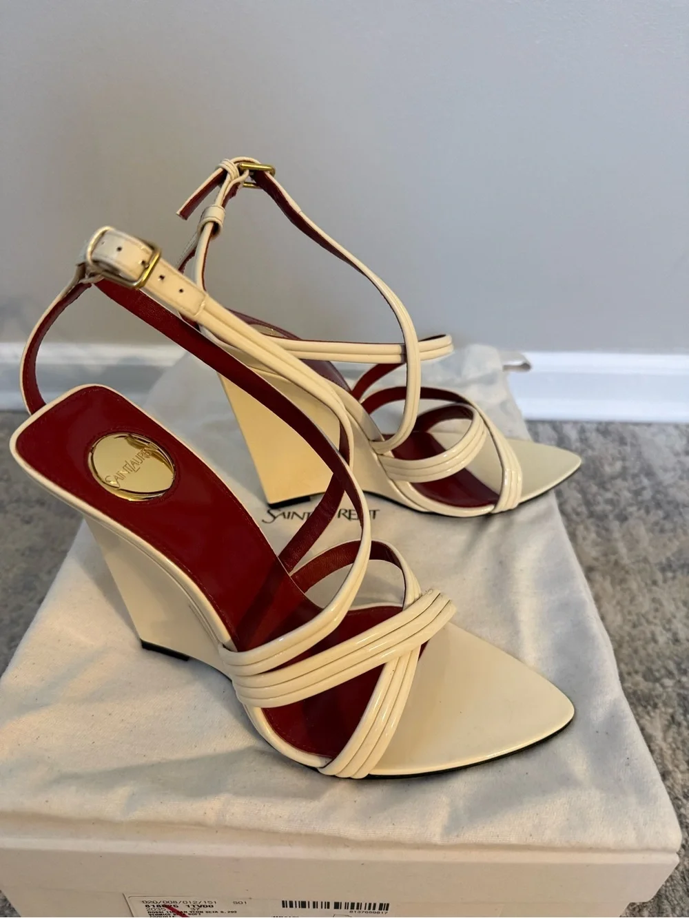 Saint Laurent Ivory Patent Leather Strappy Sandals